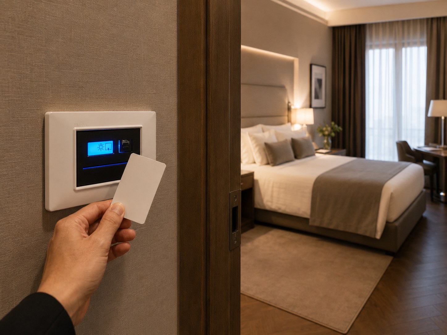 Dispositivo EaseHotel con lettore tessera installato all’ingresso di una camera hotel